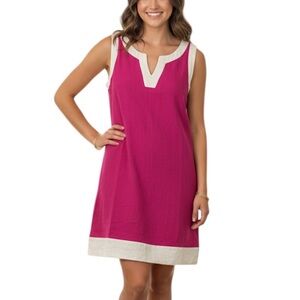 Puro Lino Made In Italy Linen Sleeveless Split Neck Shift Dress Medium Pink